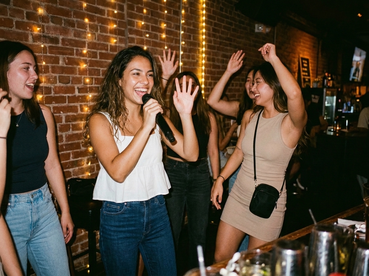 Mulheres cantando no karaokê com microfone